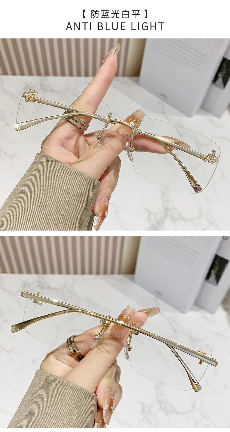 Ruiao rimless sunglasses UV400 fashion square metal glasses for women luxury brand designer diamond y2k small face sun glasses