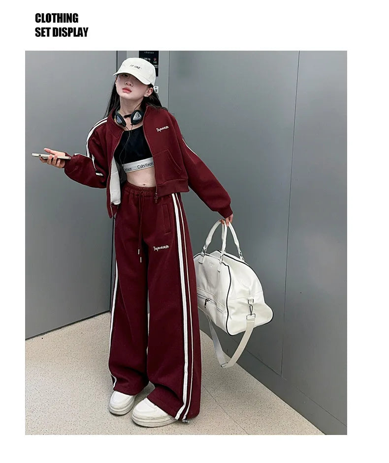 2026 autumn girls Clothes Children Suit Teenager zipped jacket Narrow crop top + wide leg high waist pants 4 5 8 10 11 12 year