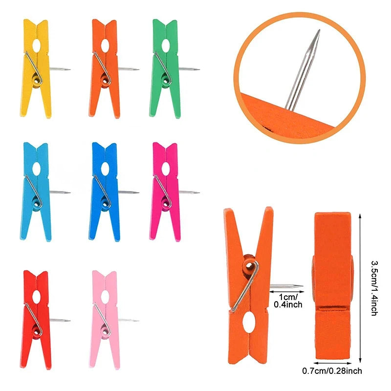 20Pcs/Box Clips Push Pin with Wooden Decorative Clips Durable Wooden Office School Stationery Thumb Tacks For Cork Blackboard