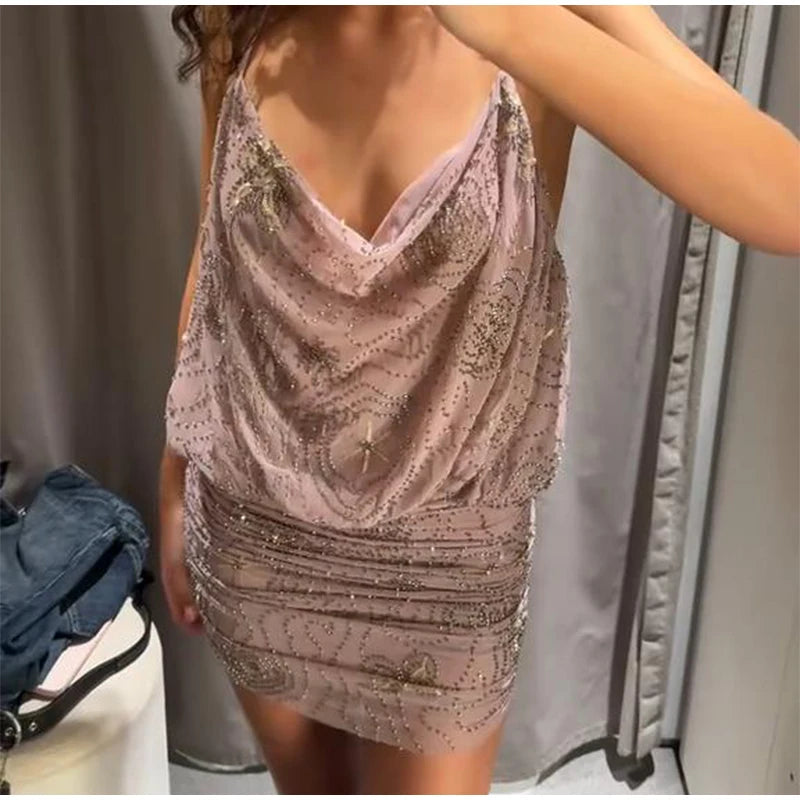 Sexy Beading Sequined Sling Long Dress Women Loose Solid V-neck Sleeveless Ruffled Shiny Dresses 2025 Summer Lady Evening Robes