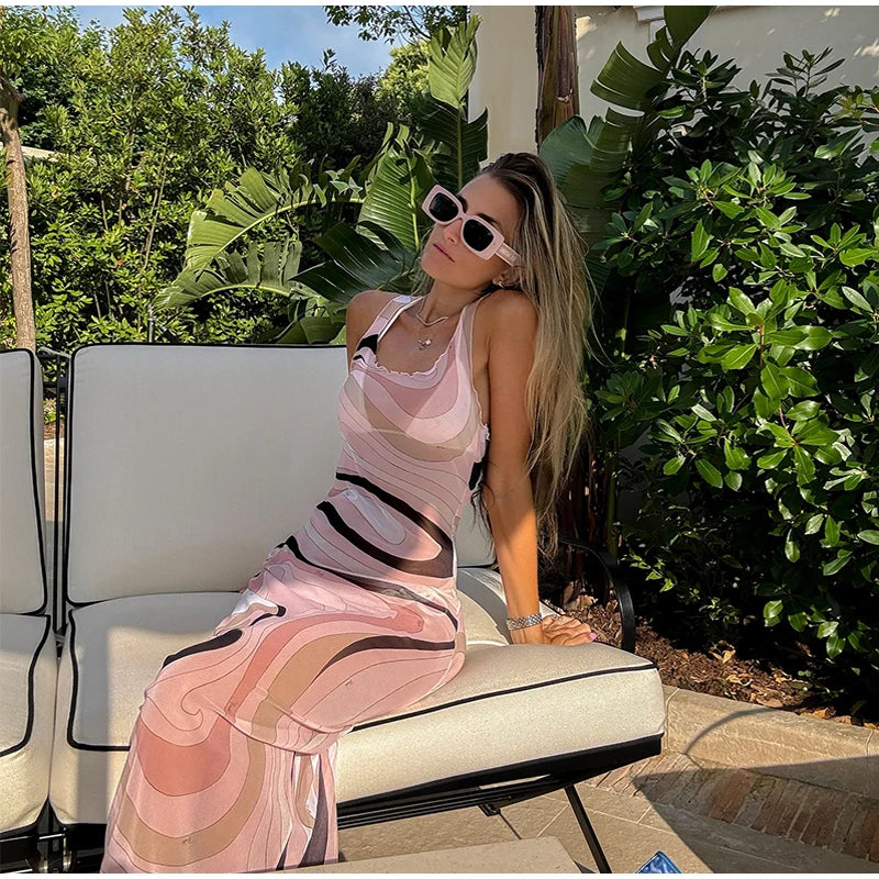 2025 New Fashion Print Beach Long Dress Summer Women Spaghetti Strap Dress Long Sleeve O-Neck Dresses Summer New Lady Robes