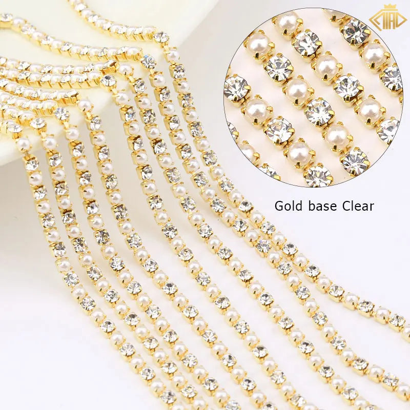2Yards Pearl Rhinestones Copper Chain Silver/Gold Base Crystal Strass Gems Trim For DIY Sewing Clothes Dresses Accessories