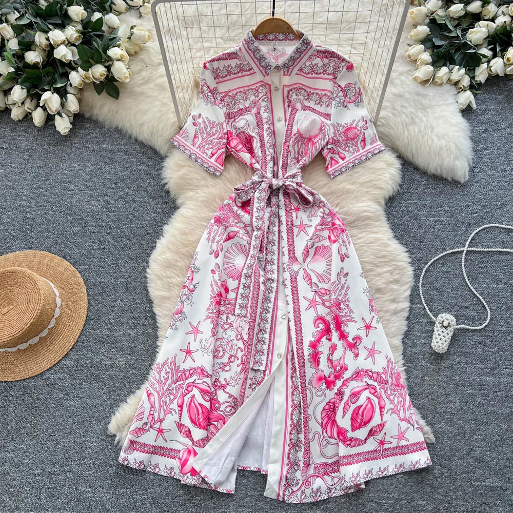 Fashion Summer Floral Long Dress Women Purple Porcelain Print Midi Dresses Shirt Single Breasted Office Lady Work Holiday Runway