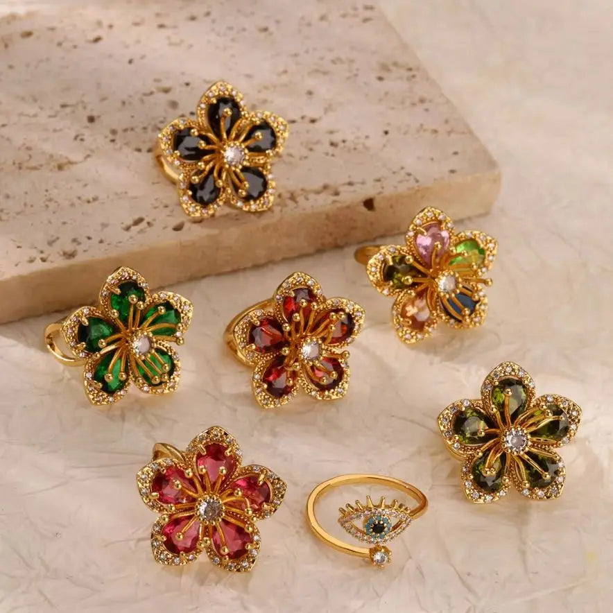 Colorful Zircon Flower Rings For Women Gold Color Stainless Steel Floral Ring Elegant Luxury Wedding Aesthetic Jewelry Gift