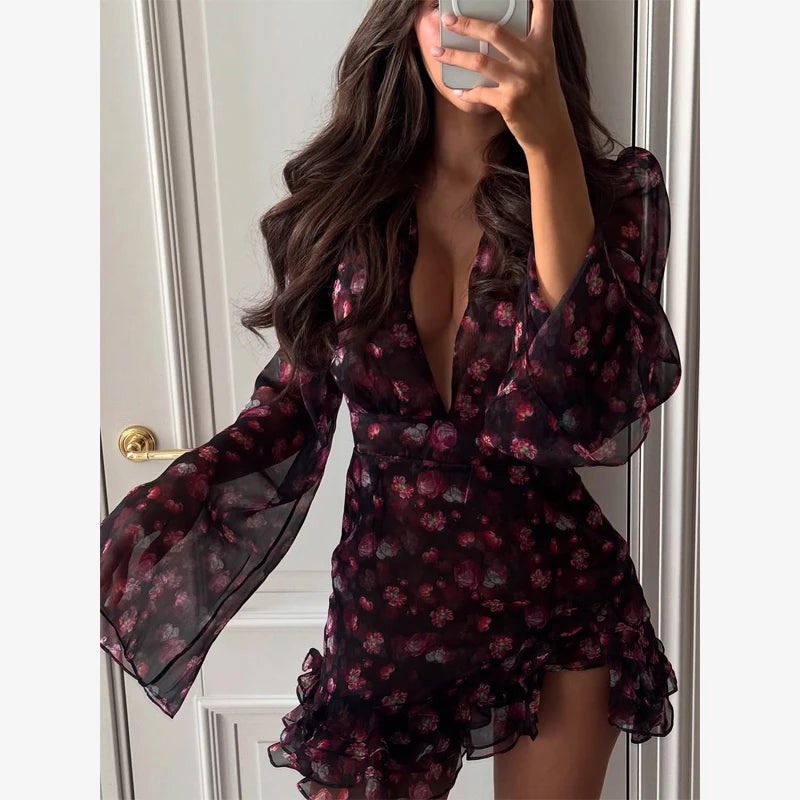 Sexy Flora Painted Ruffle Slim Dress Women Elegant Full Sleeves A-line Short Dresses 2026 Lady Summer Party Holiday Robes