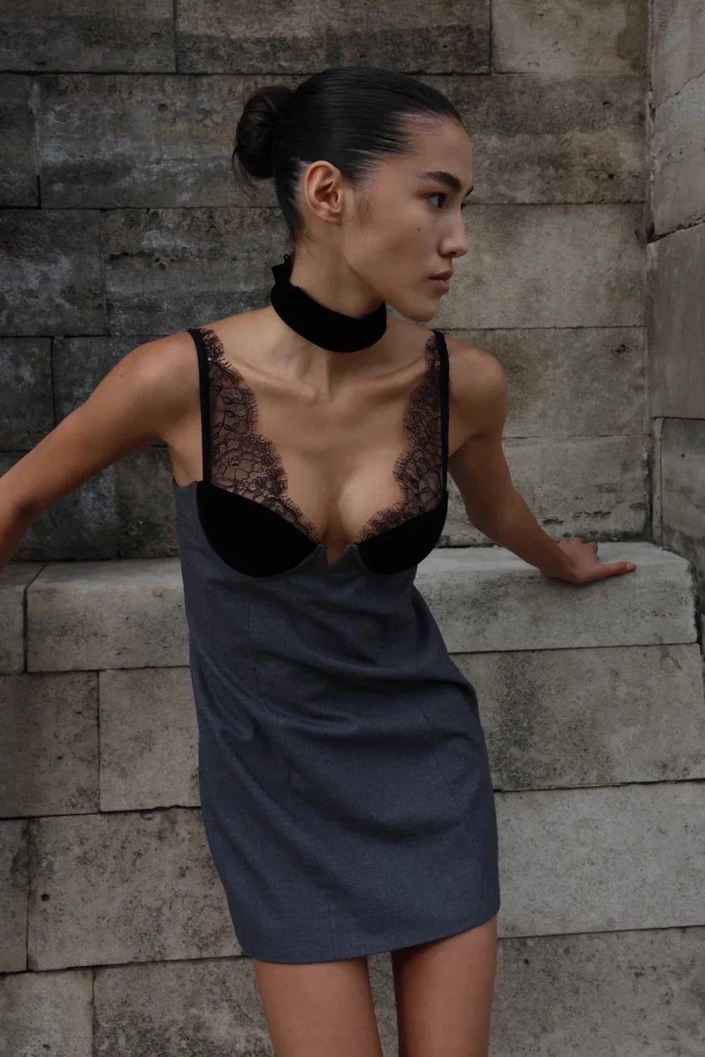 Grey Lace Patchwork Velvet Dress Women Sleeveless Off Shoulder High Waist Slim Mini Sling Dresses 2025 Lady Evening Party Gown