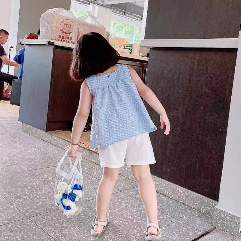 New Summer Kids Girls Clothes Sets Casual Girls Checked Straps+White Shorts 2pcs Suit Children Clothing Set