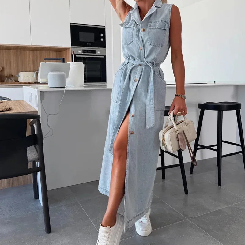 Elegant Laple Collar Lace-up Solid Denim Dress Casual Sleeveless Pocket Slim Long Dress Women Fashion Button Waist Party Dresses