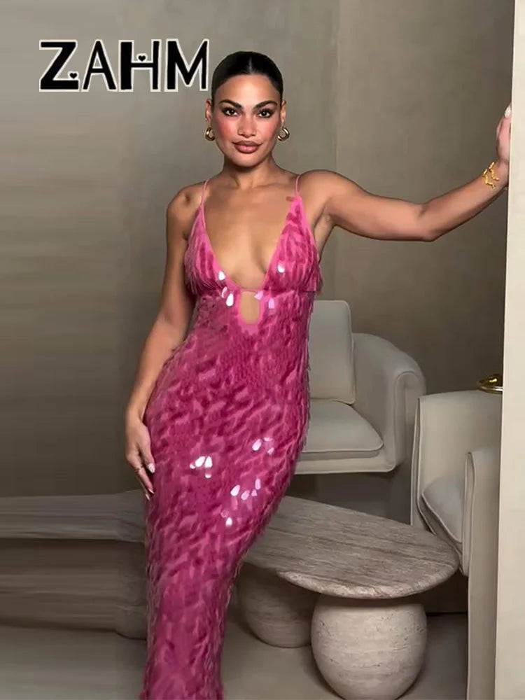 Sexy Sequined Women's Dress Hollow Out Backless V-Neck Slip Top Lady Long Dresses 2026 Spring Summer Female Holiday Robe New