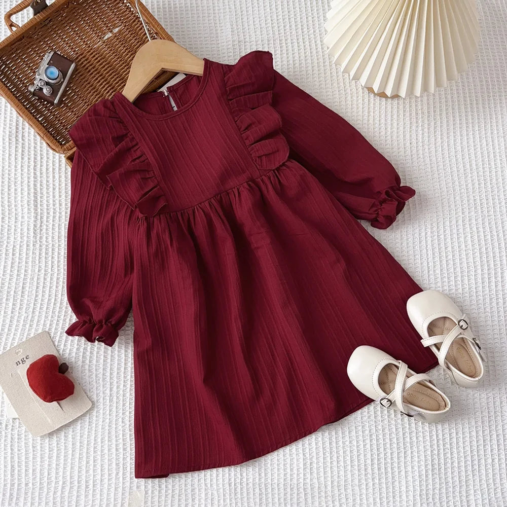 Autumn Kids Dresses for Girls Round Neck Long Sleeved Pleated Edge Solid Color Dress Kids Clothes Children's Daily Casual Wear