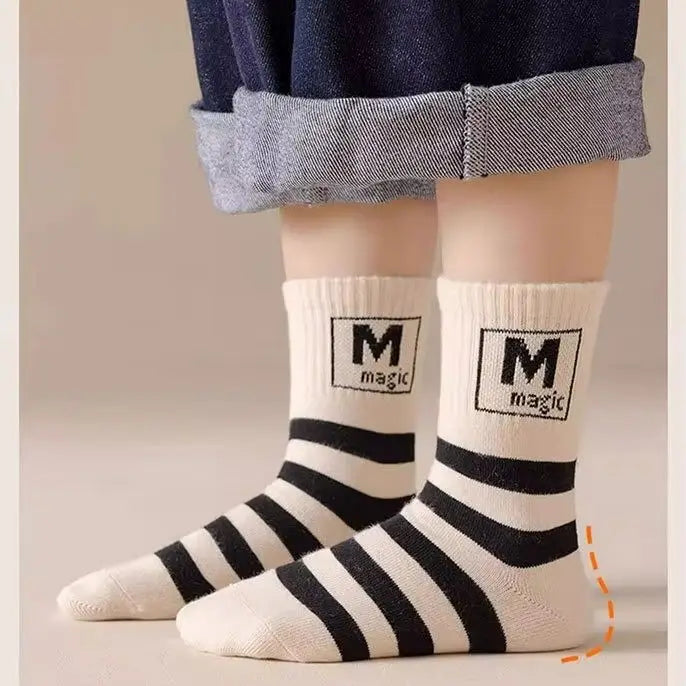 5 pairs Spring Socks Kids Cotton Socks Mid Calf Socks Striped Letter Pattern Children Sporty Socks Boys Socks