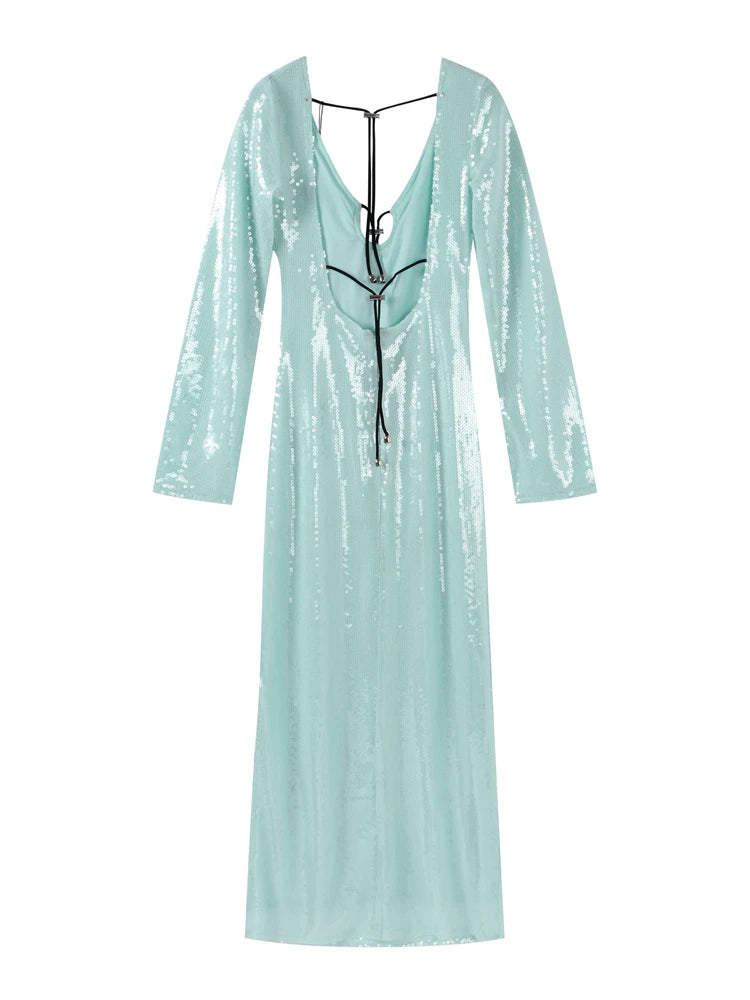 Sequin Lace Up Backless Long Dresses Deep V Flash Sparkling Sexy Long Sleeve Temperament Leakback Champagne Women Evening Dress