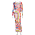 2025 New Fashion Print Beach Long Dress Summer Women Spaghetti Strap Dress Long Sleeve O-Neck Dresses Summer New Lady Robes