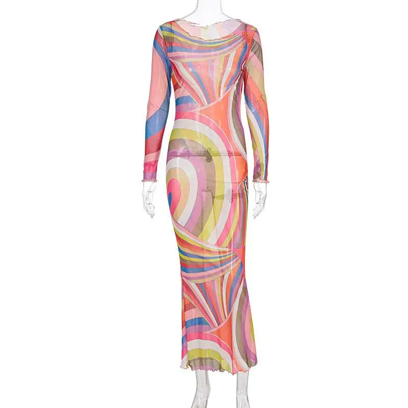 2025 New Fashion Print Beach Long Dress Summer Women Spaghetti Strap Dress Long Sleeve O-Neck Dresses Summer New Lady Robes