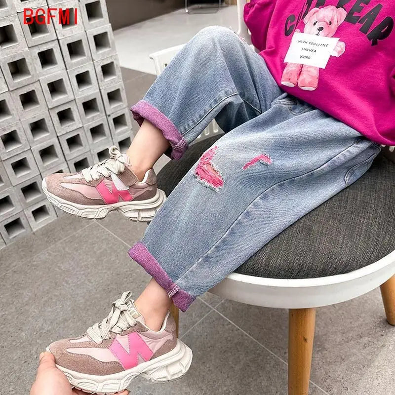 Girls Ripped Jeans Spring Autumn New Children Aging Denim Pants Fashion 2-10Y Kid's Straight Pants Cute Letter Trouser