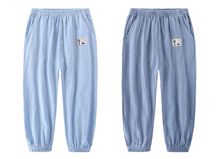 Children Trousers For Boys Girls Cotton Linen Elastic Waist Solid Color Summer Mosquito Pants Kids Clothing Long Pants 100-160cm