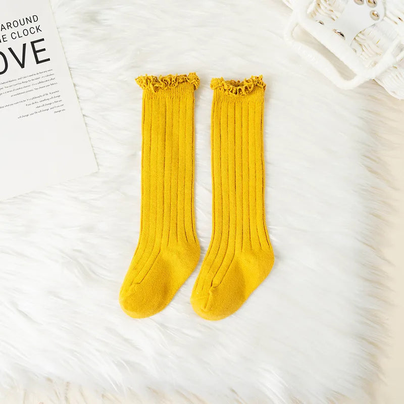 Ruffle Kids Knee High Socks Baby Girls Toddlers Long Soft Cotton Sock Lace Flower Children Princess Uniform Socks For 0-8Years