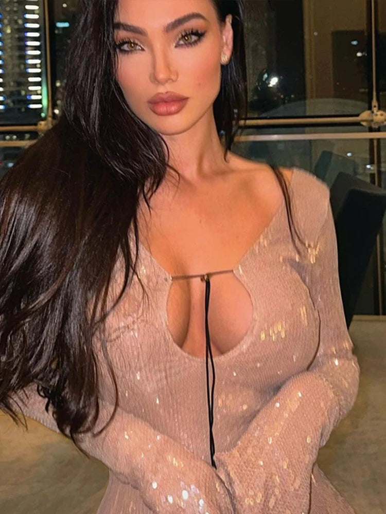 Sequin Lace Up Backless Long Dresses Deep V Flash Sparkling Sexy Long Sleeve Temperament Leakback Champagne Women Evening Dress