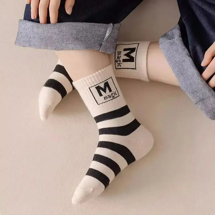 5 pairs Spring Socks Kids Cotton Socks Mid Calf Socks Striped Letter Pattern Children Sporty Socks Boys Socks