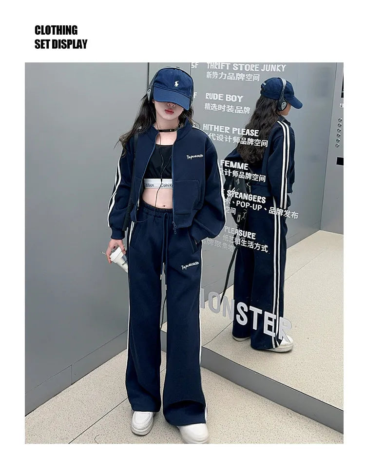 2026 autumn girls Clothes Children Suit Teenager zipped jacket Narrow crop top + wide leg high waist pants 4 5 8 10 11 12 year