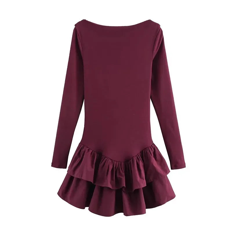 Ruffled Hem Solid Women Dresses Elegant Long Sleeve High Waist O-neck Lady Mini Dress 2025 Spring Chic Street Party Female Robes
