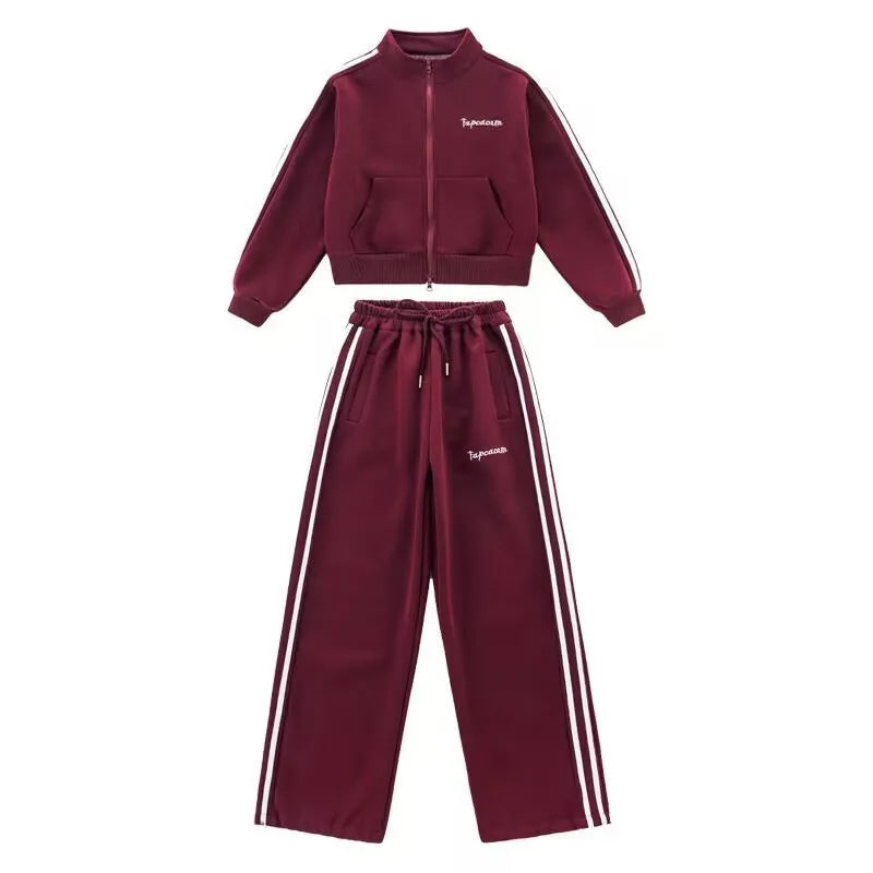 2026 autumn girls Clothes Children Suit Teenager zipped jacket Narrow crop top + wide leg high waist pants 4 5 8 10 11 12 year