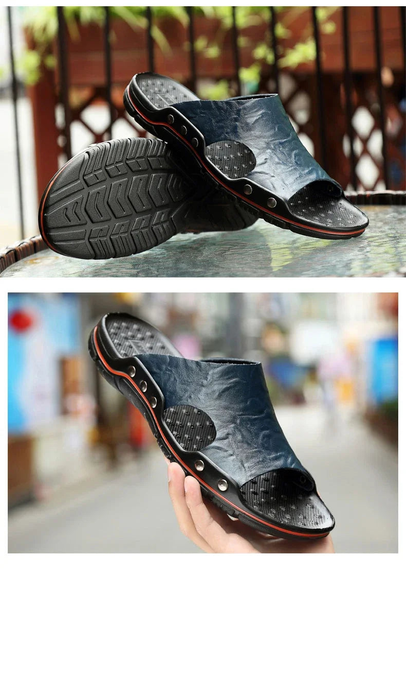New Summer Slippers Men Sandals Soft Outdoor Slides High Quality Genuine Leather Comfortable Beach Sandals Outdoor Men Shoes
