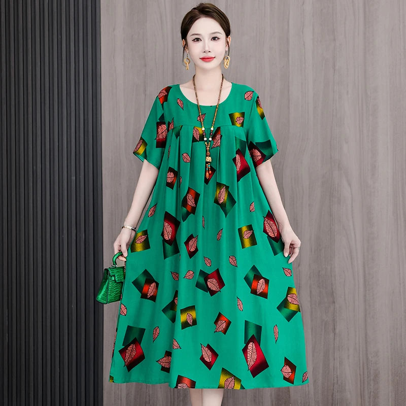 New Casual Fashion 2025 Summer Dress For Women Floral Printing Short Sleeve Elegant Vintage O-Neck Dresses Women Clothing