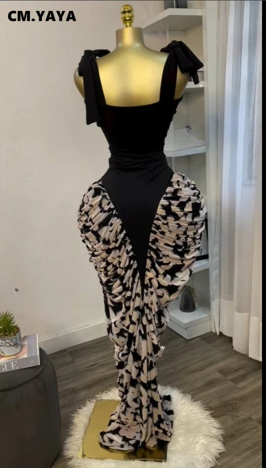 CM.YAYA Women Print Patchwork Stacked Ruched Sleeveless Bodycon Midi Maxi Long Dress 2025 Birthday Vacation Sexy Party Dresses