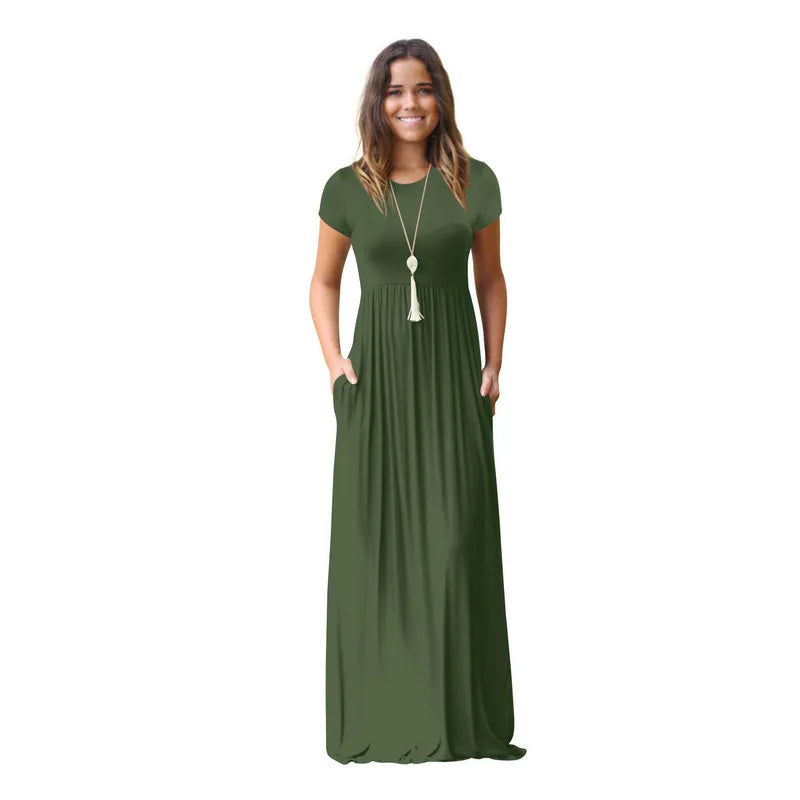 Women Summer Dress Casual Solid Color O Neck Loose Short Sleeve Pocket floor-length Long Woman Maxi Dresses Vestidos SLBZ352