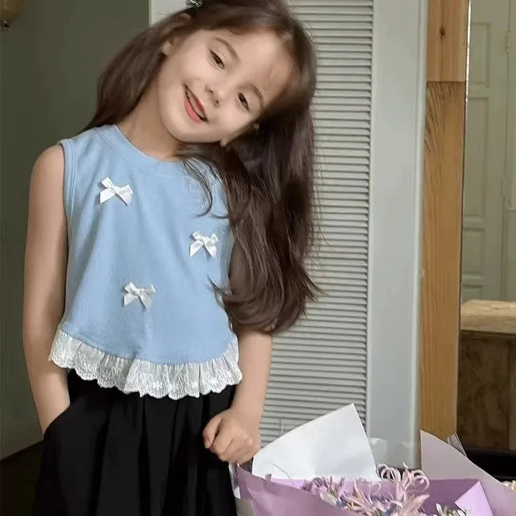 Girls Sleeveless T-shirt Fashion Comfortable Top Children Kids Clothing Bow Summer Vest Clothing