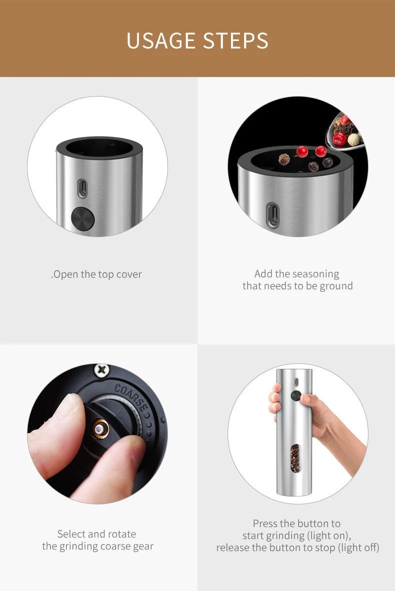 USB Rechargeable Automatic Pepper Grinder Salt And Pepper Mill Adjustable Coarseness Spice Grinder with LED Light for Kitchen