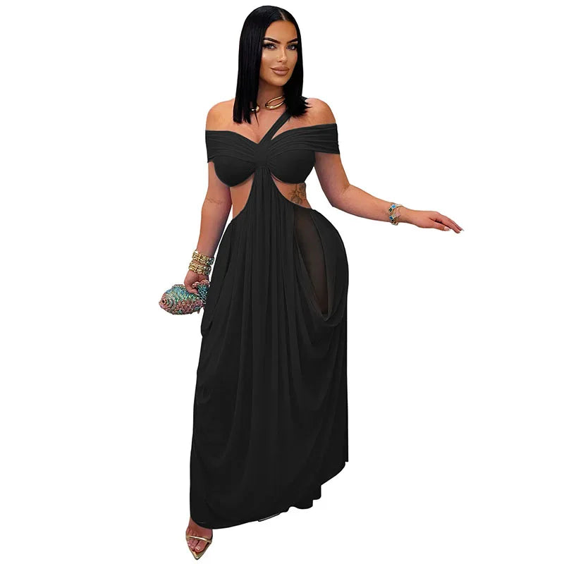 Sexy Beach Long Dress Women Hollow Out Backless Fold A Line Vestidos Female 2025 Summer Fashion Chic Solid High Waist Dresses