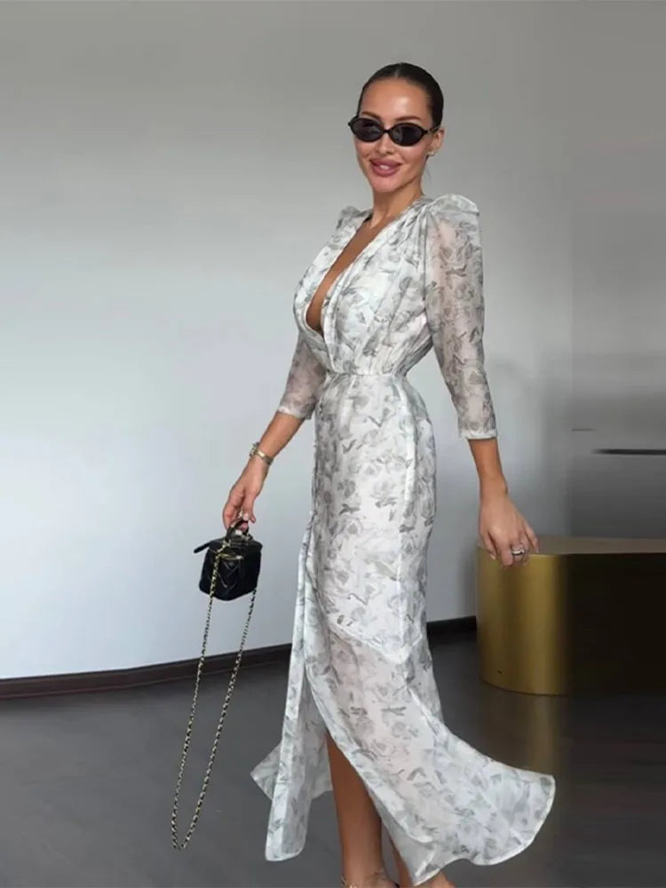 Floral Print Sheer Chiffon Dress Deep V-neck Single Breasted Split Bodycon Mermaid Gown 2026 Summer Chic Elegant Party Dresses