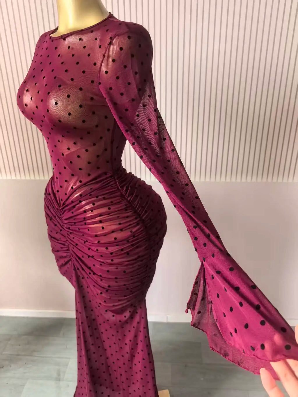 CM.YAYA Women Flare Long Sleeve Stacked Dot Mesh See Though with Lining Maxi Long Dress 2025 Evening Birthday Sexy Party Dresses