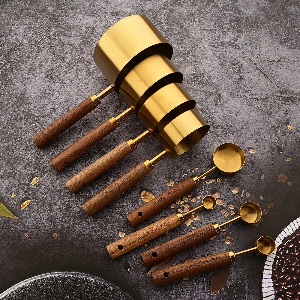 1/4/8pcs Stainless Steel Measuring Spoons With Scale Wooden Handle Household Kitchen Dining Bar Baking Tools Measuring Cups