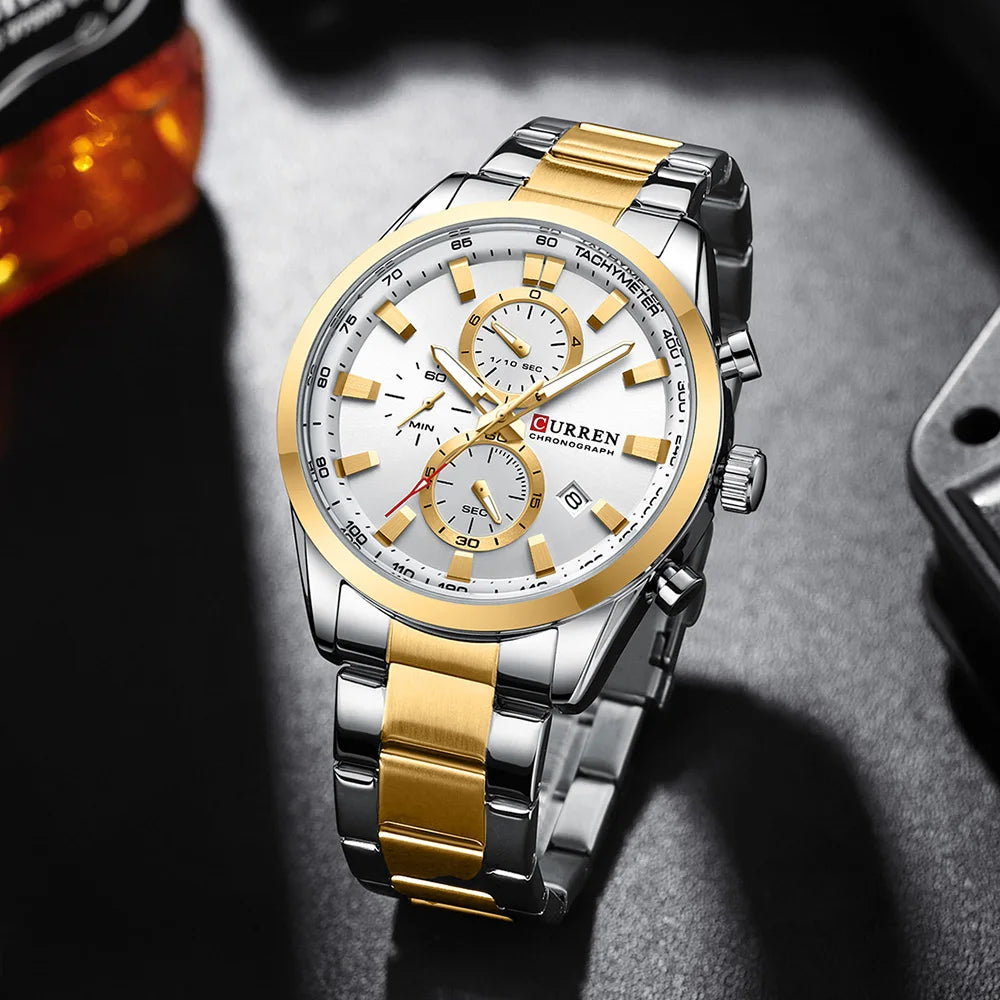 CURREN Casual Sporty Brand Stainless Steel Band Wristwatches for Men  Chronograph Quartz Watches with Date New 8445