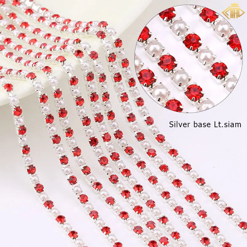 2Yards Pearl Rhinestones Copper Chain Silver/Gold Base Crystal Strass Gems Trim For DIY Sewing Clothes Dresses Accessories