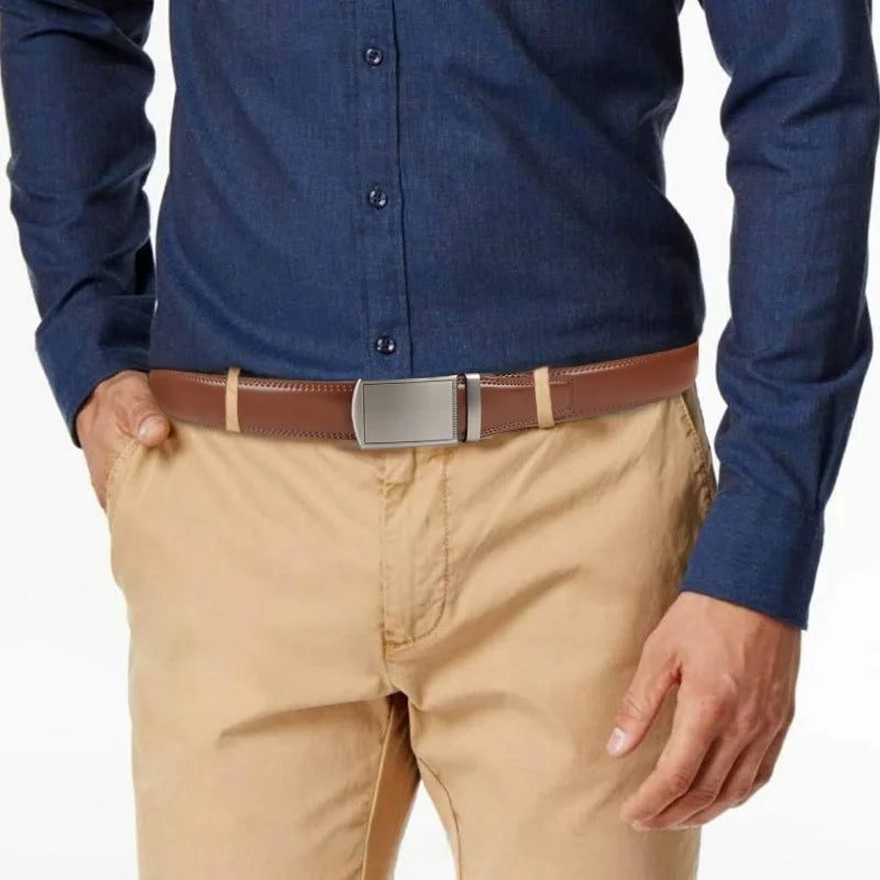 Original Genuine Leather Cowhide Belt for Men - Adjustable Automatic Buckle Versatile Casual Business Style Durable Alloy Buckle