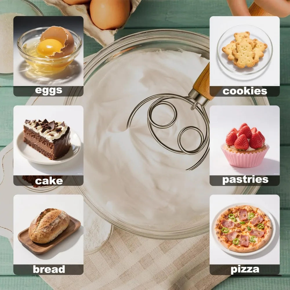 1Pcs Bread Beater Wooden Handle  Stainless Steel Ring Cake Pizza Pastry Biscuit Yeast Baking Dough Mixer Baking Supplies