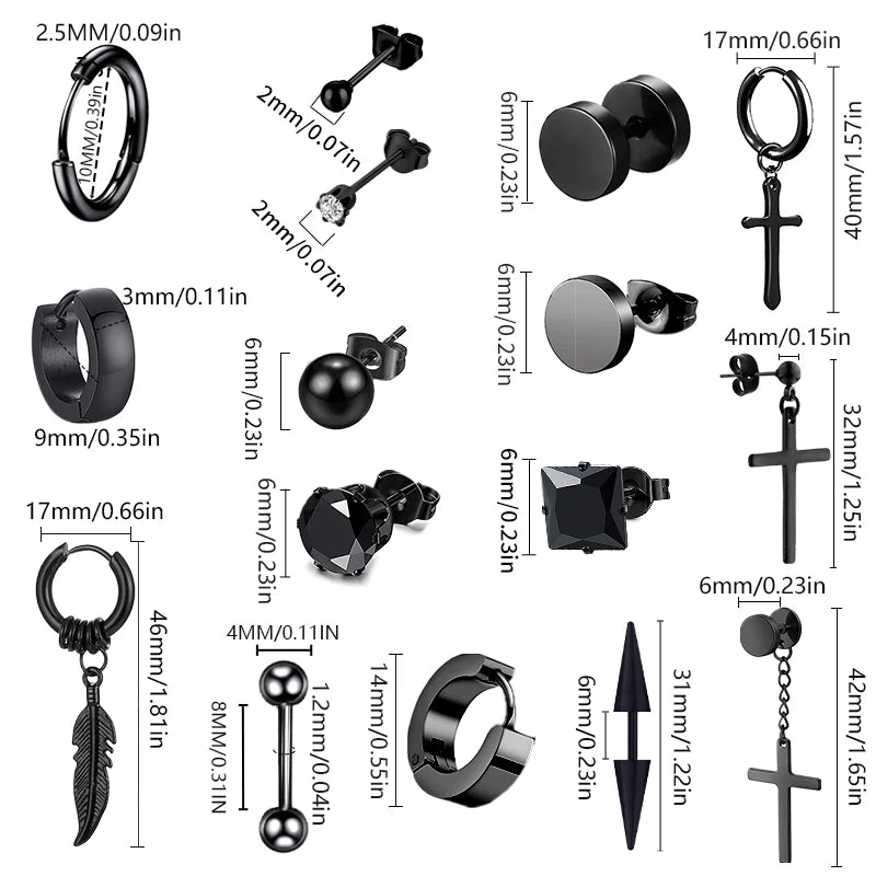 Black Punk Stainless Steel Women Men Hoop Earrings Small Trendy Round Cross Pendants Jewelry Accessories Earrings
