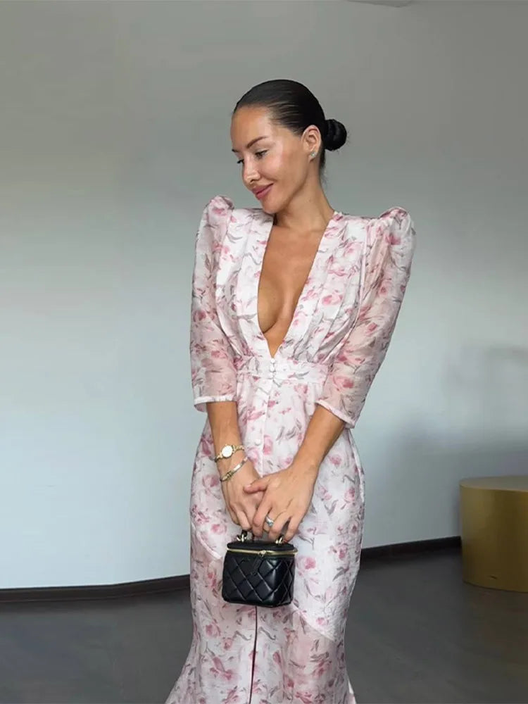 Floral Print Sheer Chiffon Dress Deep V-neck Single Breasted Split Bodycon Mermaid Gown 2026 Summer Chic Elegant Party Dresses