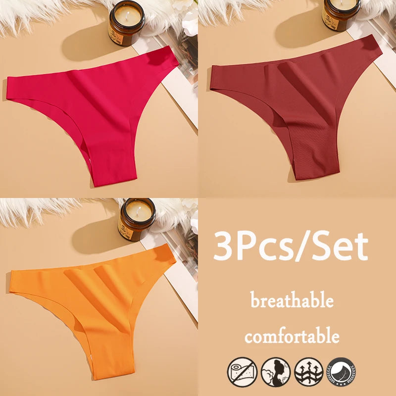 3Pcs/Set Ice Silk Seamless Underwear For Women Low Waisted Brazilian Pants Breathable High Elasticity Lingerie Intimates Panties
