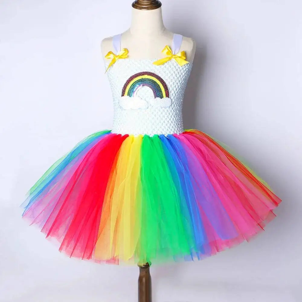 Rainbow Tutu Dress for Girls Princess Costume Kids Birthday Party Outfit Halloween Christmas Fancy Dress Outfit for 1-12 Years