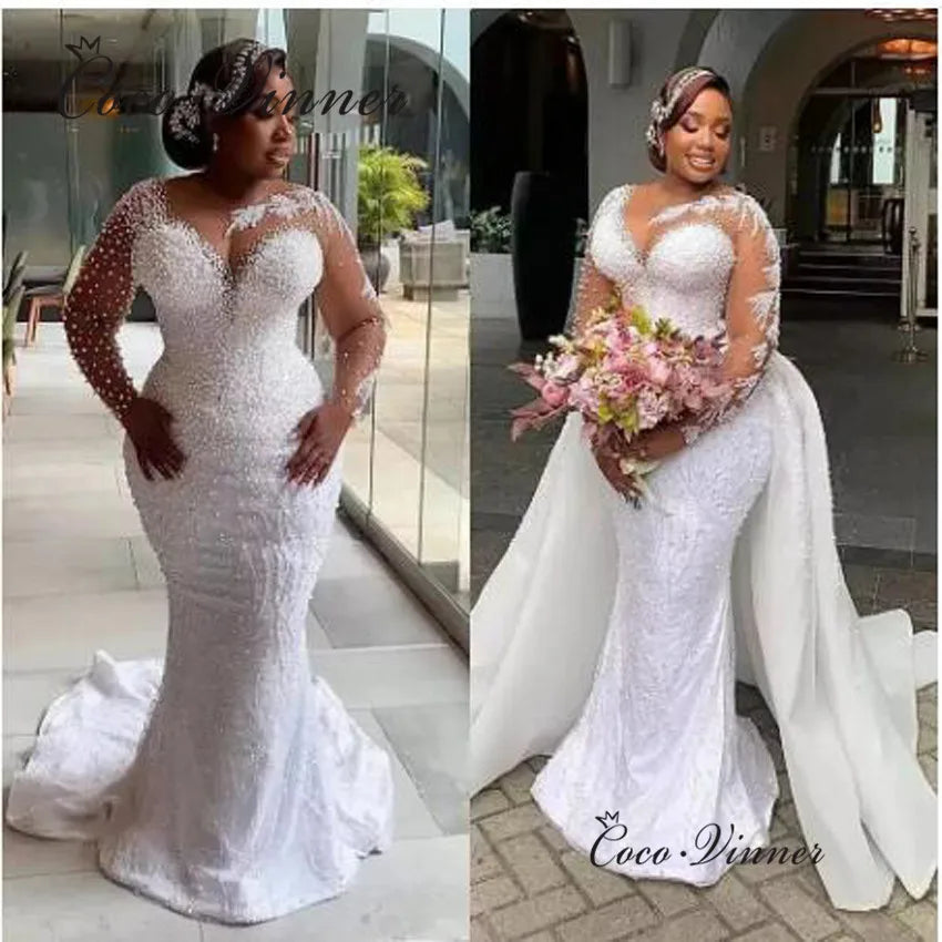 Customized Pearls Beading 2 IN 1 Wedding Dress Detachable Train Lace Up Plus Size Luxury Mermaid Wedding Dresses W1040