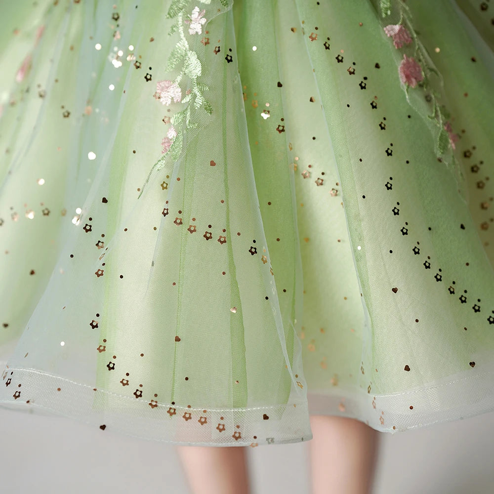 Fly Sleeve Wedding Birthday Green Dresses For Girls 2-8 Years Party Lace Tutu Christening Gown Kids Children Pageant Clothes