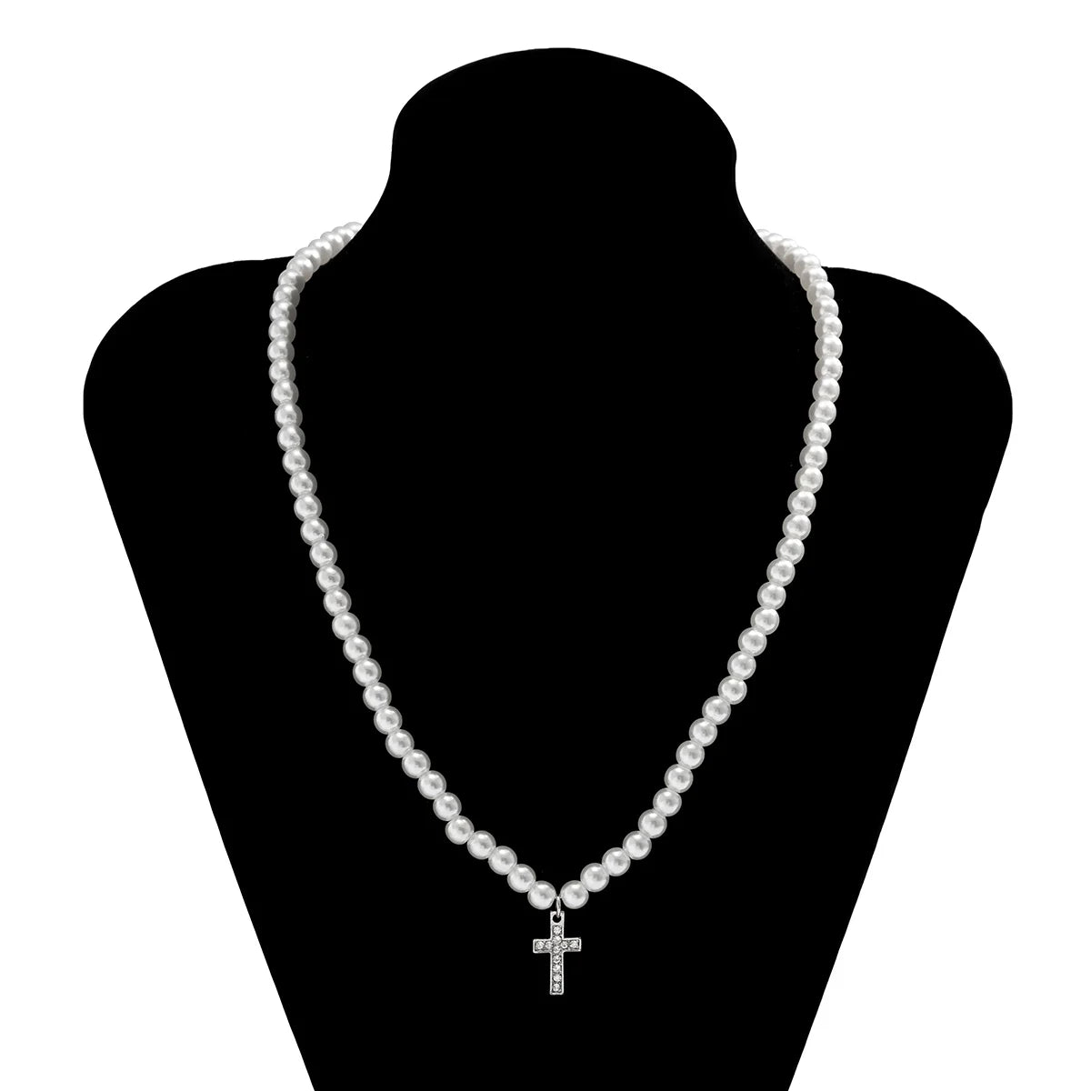 Pearl Beads Chain with Shiny Rhinestone Cross Pendants Necklace Men Trendy White Beaded Choker on Neck 2022 Fashion Jewelry Male