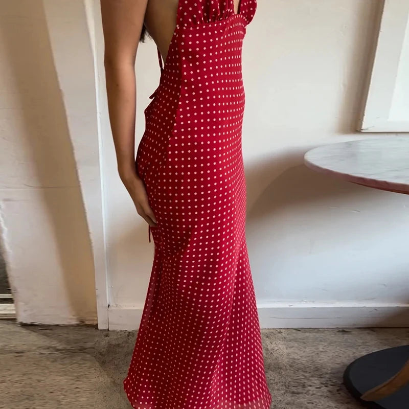 Women Polka Dot Summer Dress with Scarf Coquette Y2k V Neck Tie Back Spaghetti Strap Maxi Dresses 2025 Slim Fit A Line Beachwear