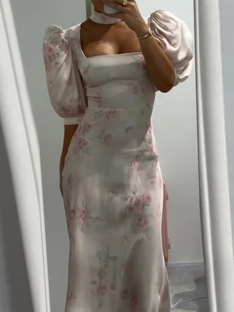 Women Dress Floral Print Satin Choker Neck Puff Sleeve Peplum Waist Maxi Dresses Elegant Vintage Beach Party Bodycon For Ladies
