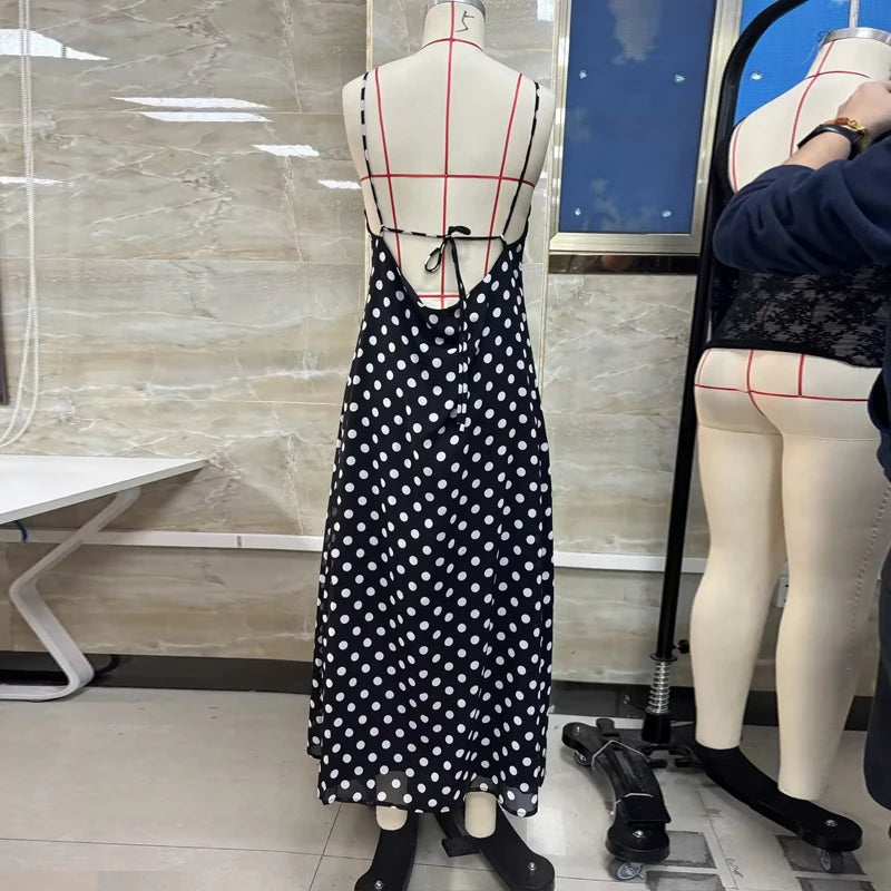 Women Polka Dot Summer Dress with Scarf Coquette Y2k V Neck Tie Back Spaghetti Strap Maxi Dresses 2025 Slim Fit A Line Beachwear